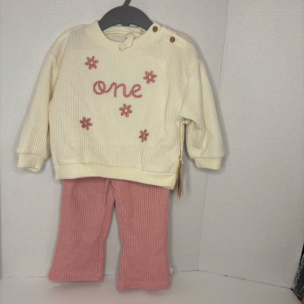 Snug Baby Embroidered Knit Pink Ivory Cream Set Floral “One” First Birthday 12M